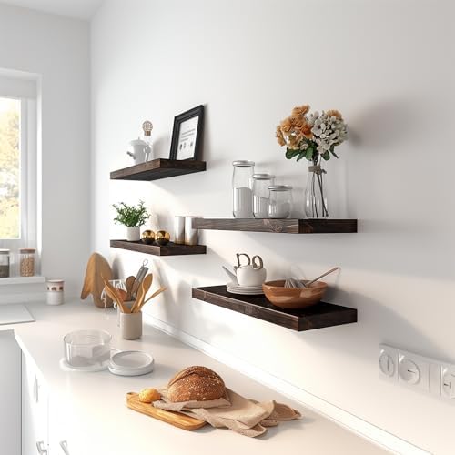 Brown Wood Floating Shelves Set of 6 for Rustic Bedroom Living Room
