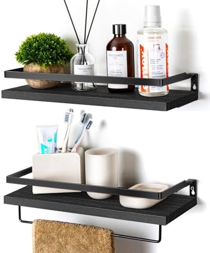 Floating Shelves for Wall Set of 2 Black with Towel Bar