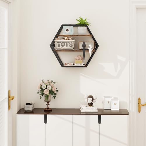 Hexagon Floating Shelves Decorative Wall Shelf Rustic Brown Black