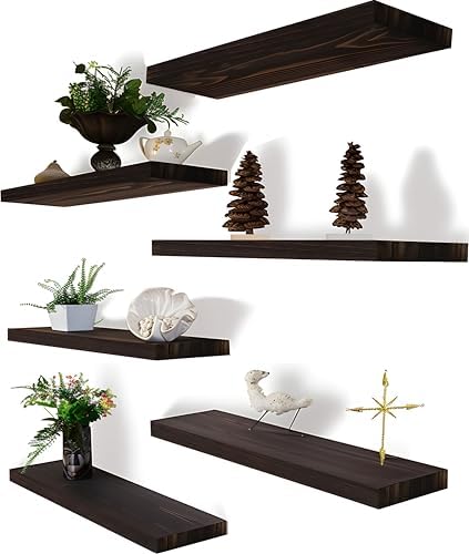 Brown Wood Floating Shelves Set of 6 for Rustic Bedroom Living Room