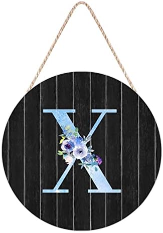 Farmhouse Front Door Hanger Watercolor Blue Floral Letter X Wood Sign