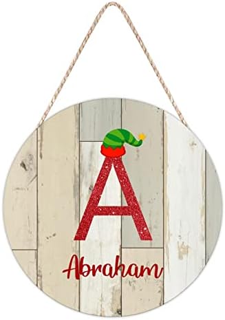 Farmhouse Door Hanger with Christmas Elf Hat Initial Wood Sign