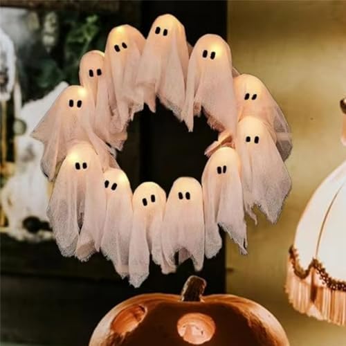 LED Light-Up Halloween Ghost Wreath for Door