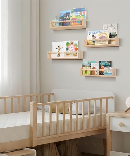 Nursery Book Shelves Set of 4 Natural Wood Floating Shelves for Wall