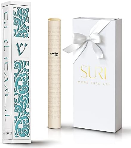 SURI Mezuzah Door Ornament - Modern Silver Blue Scroll Case