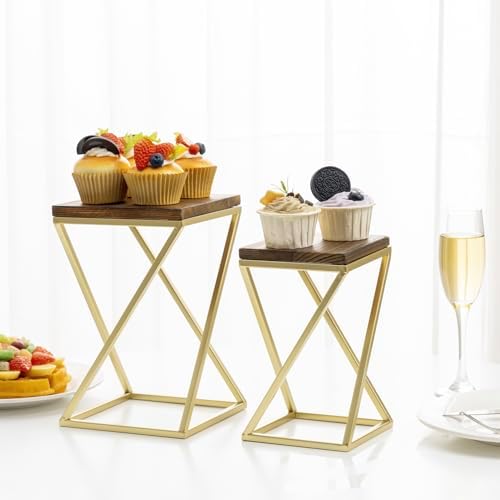 MyGift Dessert Riser Stands Modern Brass Wood Pedestal Set