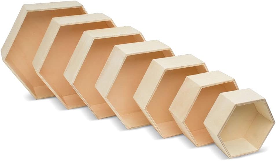 Woodpeckers Wooden Hexagon Floating Shelves Set of 7 Unfinished