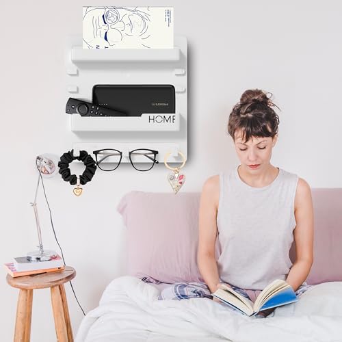Epritliber Floating Bedside Shelf Organizer - 5 Hooks and Cable Clips - 9x94 Inch - White