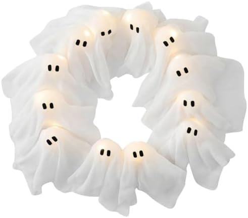 Front Door Halloween Ghost Wreath with LED Lights