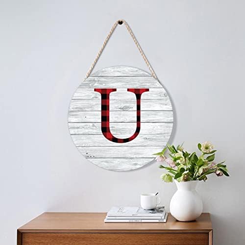 Farmhouse Door Hanger 10x10in Wood Sign Red Black Buffalo Plaid