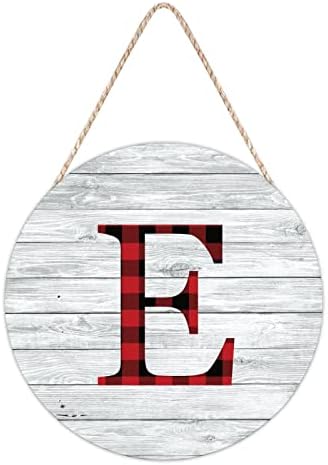 Farmhouse Door Hanger Red Black Buffalo Plaid Alphabet E Wood Sign 10x10in