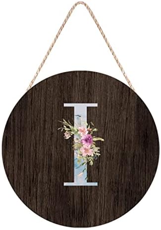Farmhouse Door Hanger Blue Marble Floral Initial Letter I Wood Sign