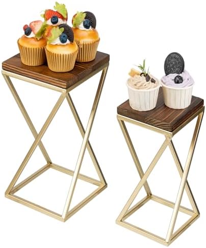 MyGift Dessert Riser Stands Modern Brass Wood Pedestal Set