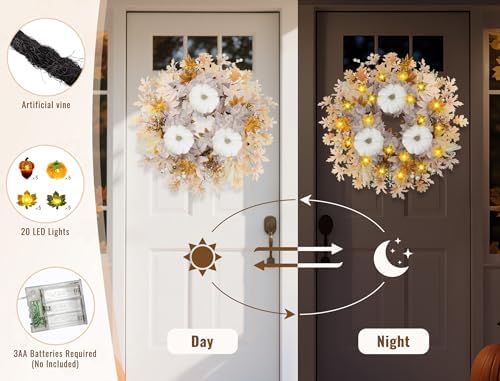 26 Inch Fall Wreath with Lights for Front Door