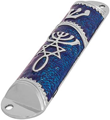 Enamel Door Mezuzah Scroll Case Blue with Silver