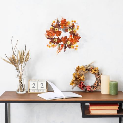 Fall Wreath for Front Door Artificial Autumn Maple Leaf Wreath with Pumpkins Berries 14 Inch Decor