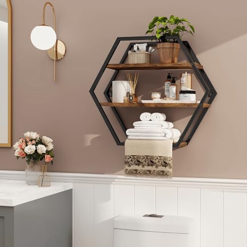 Hexagon Floating Shelves Decorative Wall Shelf Rustic Brown Black