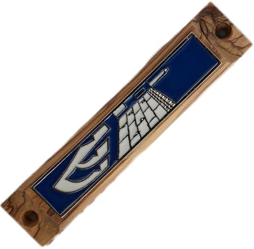 Olive Wood Blue Enamel Door Mezuzah Case with Scroll and Nails