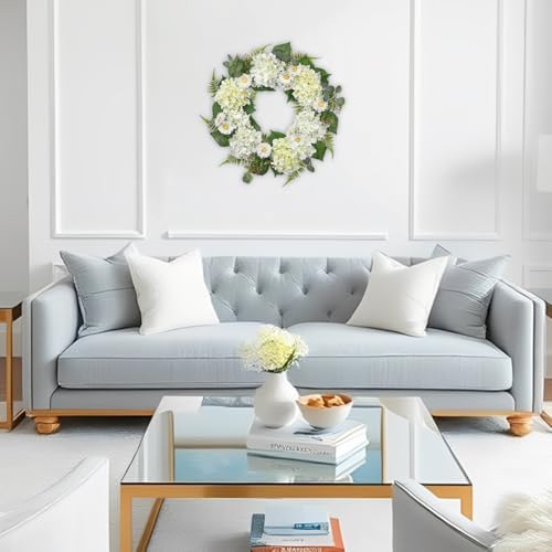 Briful 24 Inch Spring Wreath Realistic White Hydrangea Artificial Decor