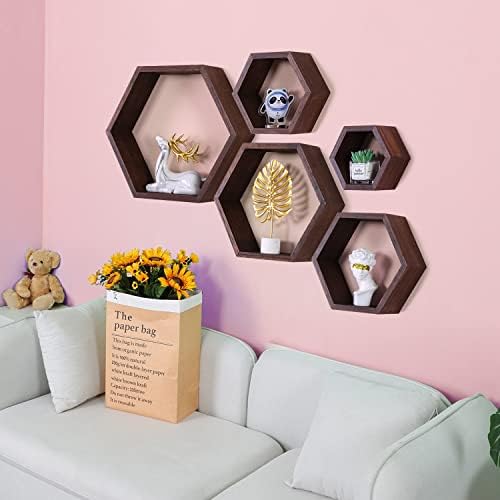 PHOENANCEE Hexagon Floating Shelves Set of 5 Driftwood Finish