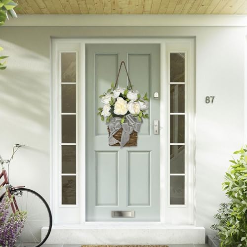 White Hydrangea Door Wreath with Basket Hanger Welcome Sign