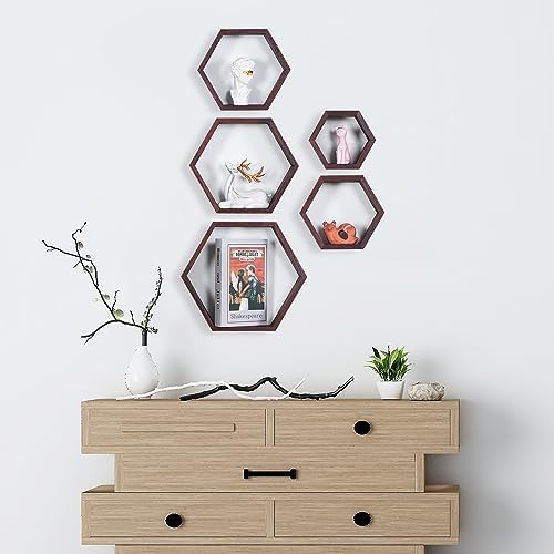 PHOENANCEE Hexagon Floating Shelves Set of 5 Driftwood Finish