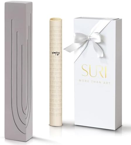 Suri Modern Concrete Mezuzah with Scroll and Gift Box - Gray 4 Inch and 6 Inch Sizes