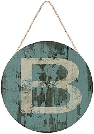 Farmhouse Front Door Hanger Vintage Shabby Chic Wood Sign Custom Initial Round Wreath Door Decor