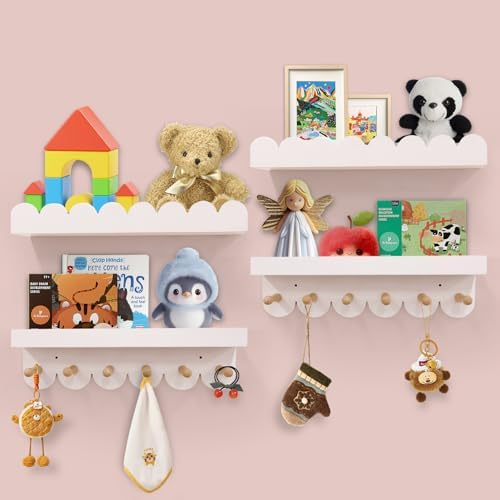 Varbonia Floating Nursery Book Shelves for Wall 4 Tier Storage with Wooden Pegs