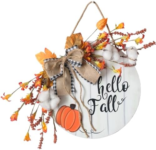 Fall Wreath Wooden Hanging Sign with Burlap Bow and Maple Leaves