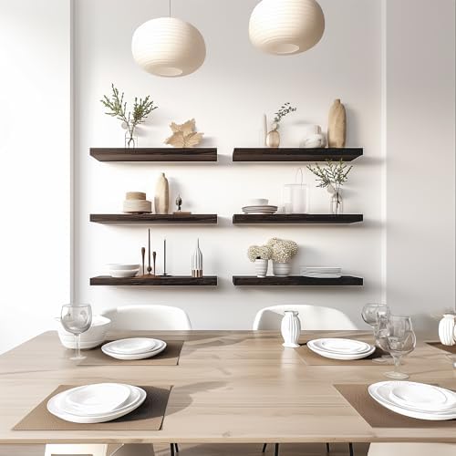 Brown Wood Floating Shelves Set of 6 for Rustic Bedroom Living Room