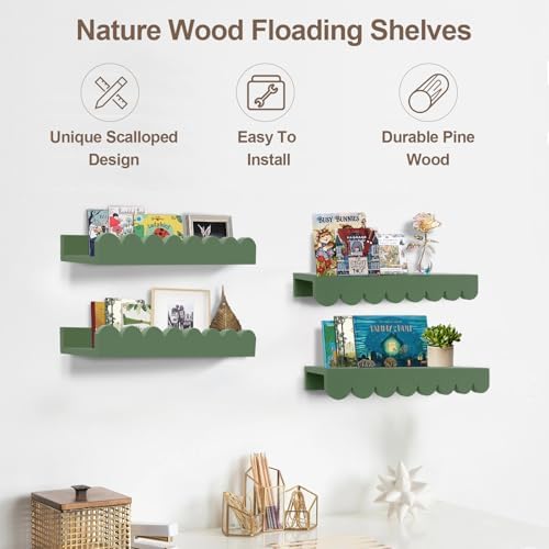 Scalloped Floating Wall Book Shelves Set of 4 Sage 16 Inch