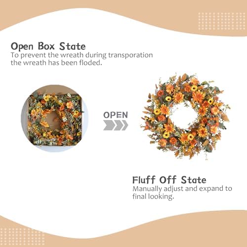 TEMPUS 22 Inch Fall Wreath with Yellow Daisies and Green Leaves - Artificial Wreath for Front Door Thanksgiving Decor