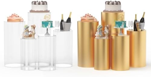 5PCS Clear Cylinder Stands with Gold Cover for Party Displays