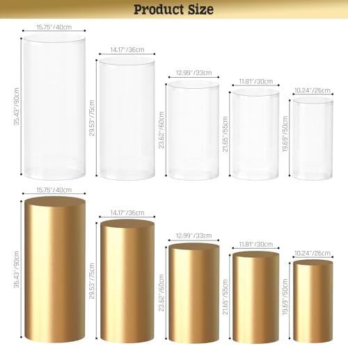 5PCS Clear Cylinder Stands with Gold Cover for Party Displays