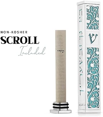 SURI Mezuzah Door Ornament - Modern Silver Blue Scroll Case