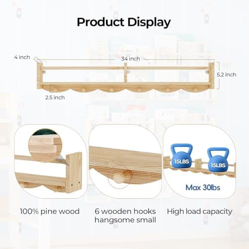 34 Inch Floating Bookshelf with 6 Hooks and Storage
