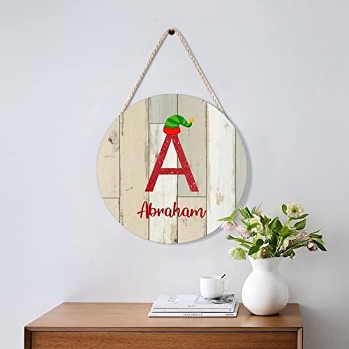Farmhouse Door Hanger with Christmas Elf Hat Initial Wood Sign