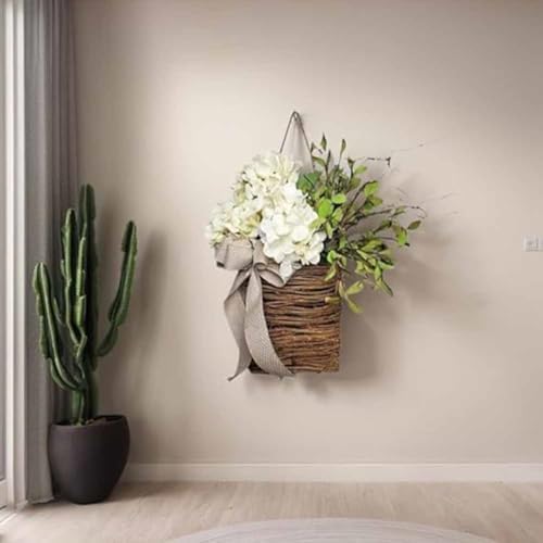 Cream Hydrangea Door Hanger Basket Wreath with Wildflowers White