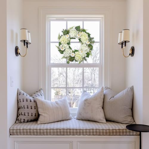 Briful 24 Inch Spring Wreath Realistic White Hydrangea Artificial Decor