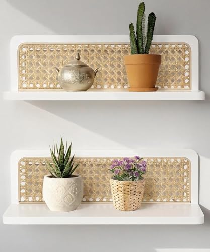 Mazjoaru Rattan Wall Shelf Set of 2 Handmade Floating Shelves for Living Room and Bedroom
