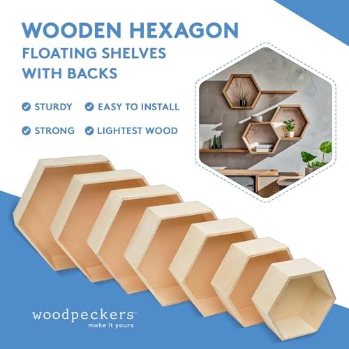 Woodpeckers Wooden Hexagon Floating Shelves Set of 7 Unfinished