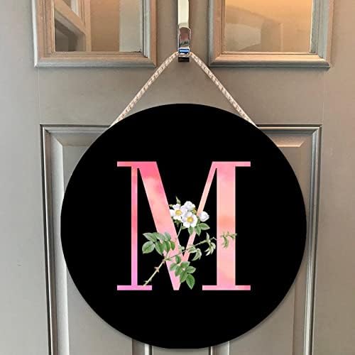 Farmhouse Door Hanger White Flower Pink Letter M Wood Sign