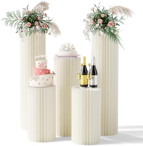 HeiMma 5 Pack White Cylinder Pedestal Stands for Party Displays