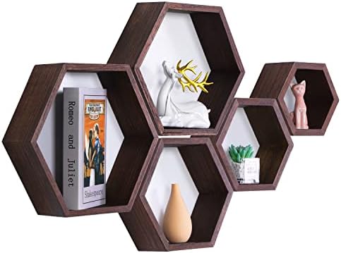 PHOENANCEE Hexagon Floating Shelves Set of 5 Driftwood Finish
