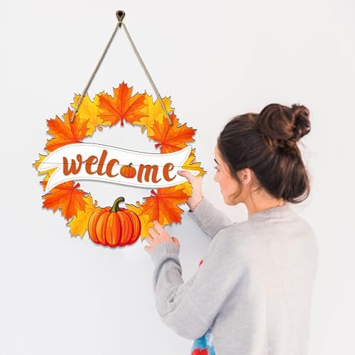 Fall Wreath for Front Door Decor Foldable Welcome Sign Autumn Thanksgiving Harvest Hanging Decoration