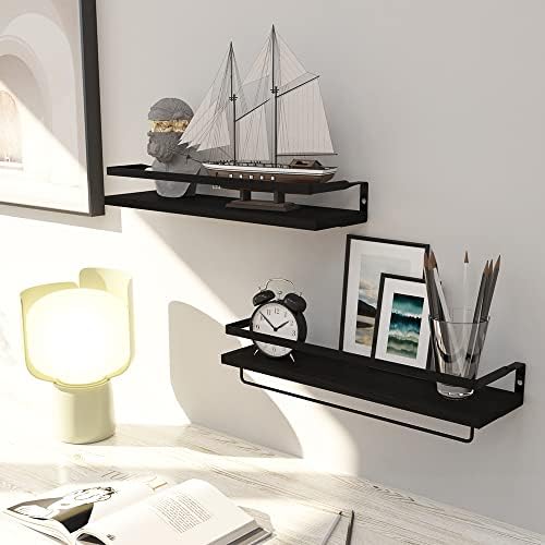 Floating Shelves for Wall Set of 2 Black with Towel Bar