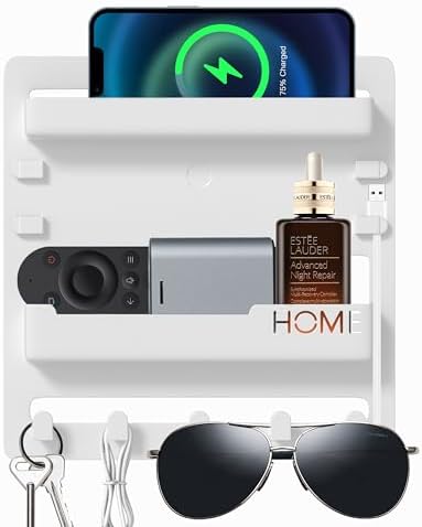 Epritliber Floating Bedside Shelf Organizer - 5 Hooks and Cable Clips - 9x94 Inch - White
