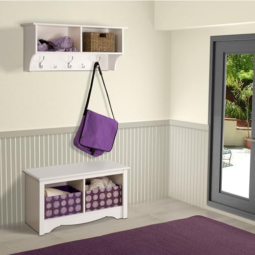 Prepac 36 Inch White Wall Mounted Coat Rack with 2 Shelves