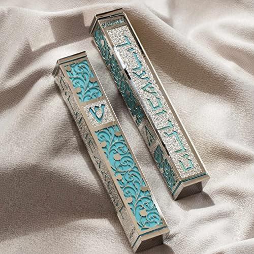 SURI Mezuzah Door Ornament - Modern Silver Blue Scroll Case